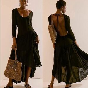 NWT Free People Sea Me Black Maxi Dress Scoop Neck Open Back Lace Long Sleeve